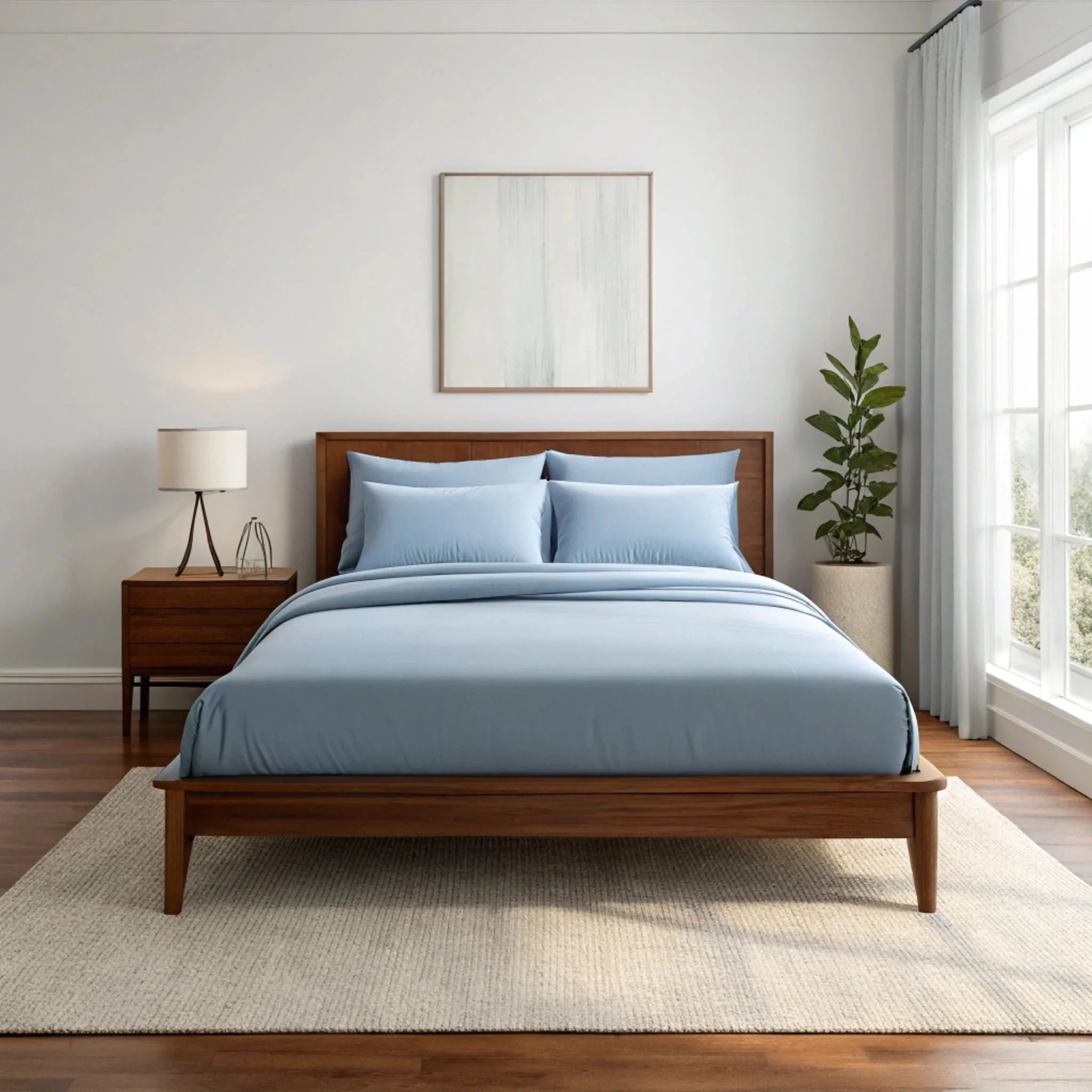SustainState bedroom lifestyle — copper bamboo sheets, walnut bed