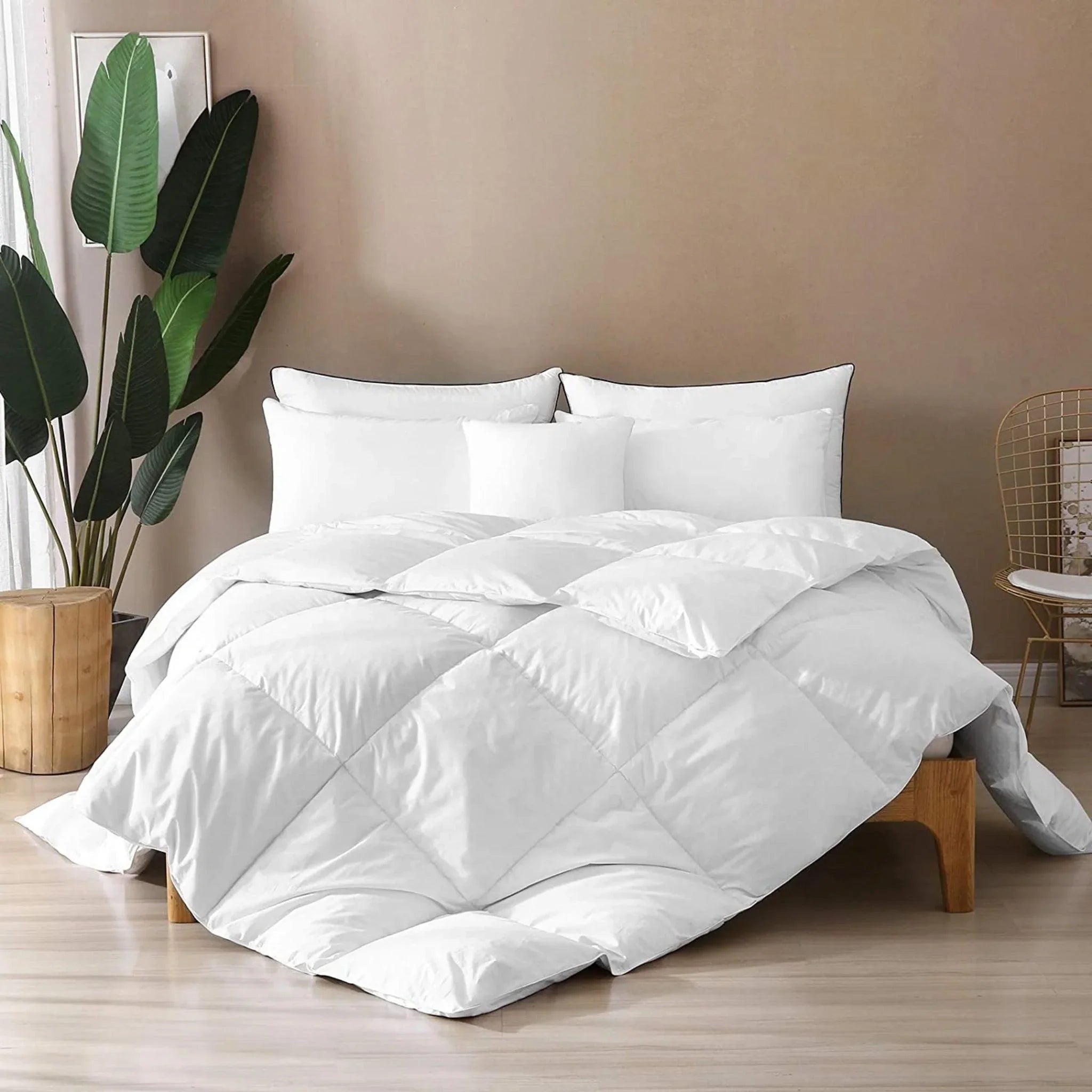 Bamboo comforter on a white bed, foot view